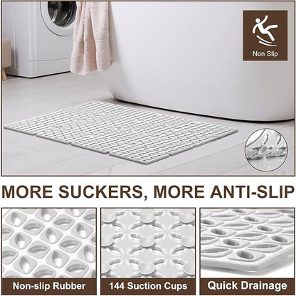 Shower Mat Non Slip，24"X24" Bathtub Mat Non Slip Square Shower Mats for Inside Shower with Drain Holes Suction Cups, Quick Drain, TPE Shower Floor Mat for Elderly & Kids (Light Gray)