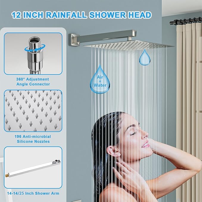 Lordear Rain Shower System Wall Mounted Shower Faucet Set - 12 Inch Stainless Steel Shower Head Handle Set and Solid Brass Valve, Chrome Polished Finish