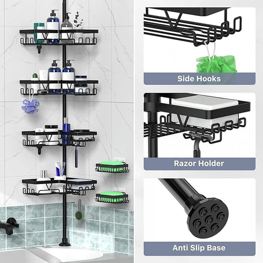 Tension Pole Shower Caddy Corner with 2 Soap Holders, 4 Tier Bathroom Shower Organizer Floor to Ceiling 25-114 inch, Adjustable, Multiple Hooks, Stable Base, Rustproof, Black