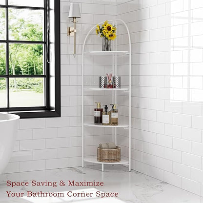Crofy Foldable 4 Tier Corner Shelf, Metal Corner Plant Stand with White Frame and White Shelves, Corner Display Rack Multipurpose Shelving Unit for Living Room, Bedroom, Bathroom