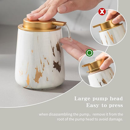 Enra Ceramic Gold Soap Dispenser,12 oz Marble Lotion Dispenser Bathroom Liquid Refillable Hand Soap Dispenser for Bathroom Kitchen with Easy-to-Press Pump (Glod Liquid Type)