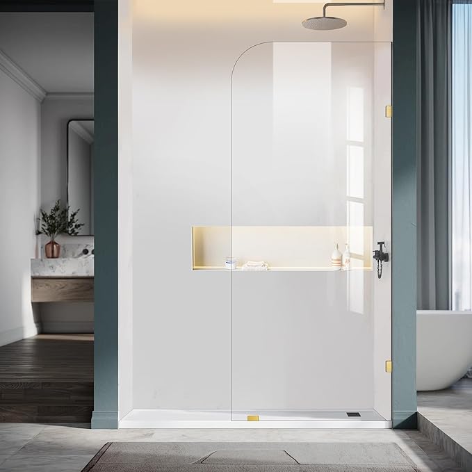 Frameless Shower Door, 36" W ×78" H Fixed Shower Glass Panel with Clamps, 3/8" (10mm) Glass Shower Doors, Clear Tempered Bathroom Shower Screen in Brushed Gold