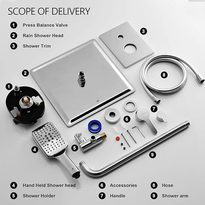 Shower Faucet Set - 12 inches Rain Shower System with 6 Function Handheld Shower Head Rough in Pressure Balance Valve Kit - Stainless Steel Bathroom Shower Kit Complete （Polished Chrome）