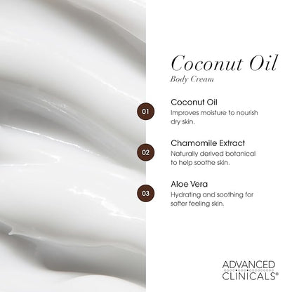 Advanced Clinicals Coconut Oil Body Cream For Women & Men | Hydrating Coconut Lotion For Extremely Dry Skin | Visible Anti Aging Body Butter Skin Care Balm Moisturizer For Hand, Heel, Feet, 16oz, 2PC