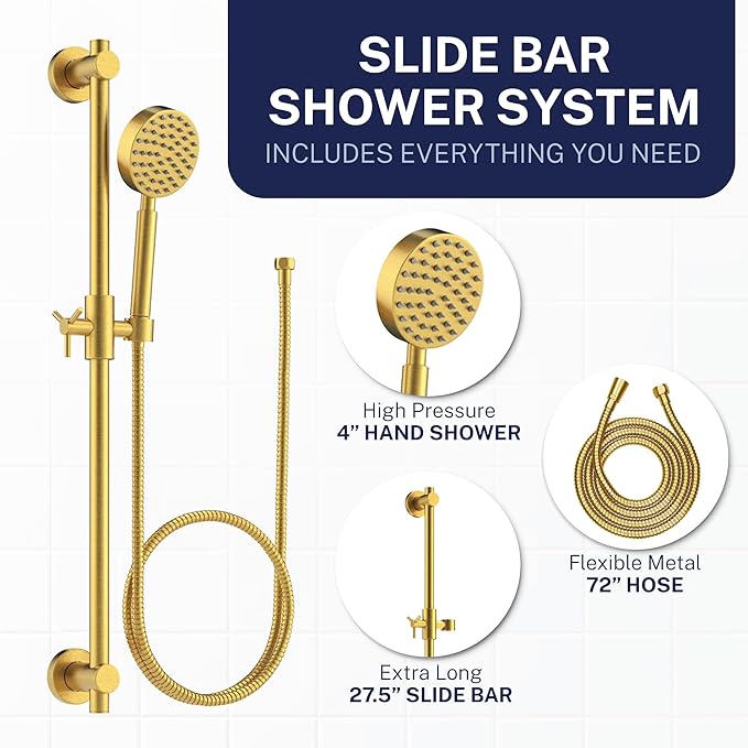 HammerHead Showers® Solid Metal 27.5 Inch Shower Slide Bar Set and Handheld Shower Head with Hose — BRUSHED GOLD — 1.75 GPM Low Flow Spray Wand — Easily Adjust Height & Angle of Handshower