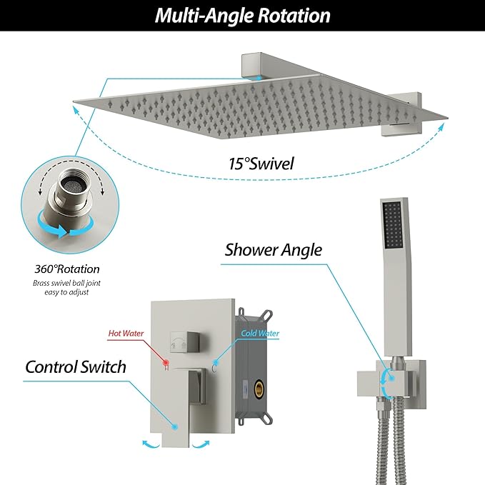 Lordear Rain Shower System 12 Inch Wall Mounted Shower Faucet Set, Brushed Nickel Stainless Steel Shower Head with Handle Set and Brass Valve Brushed Nickel 12" Shower Head