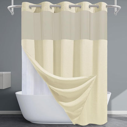 Ivory Hotel Shower Curtain with Detachable Liner - 230GSM Waffle Textured,Hotel Grade,Spa Like Bath Curtain,71W x 74H