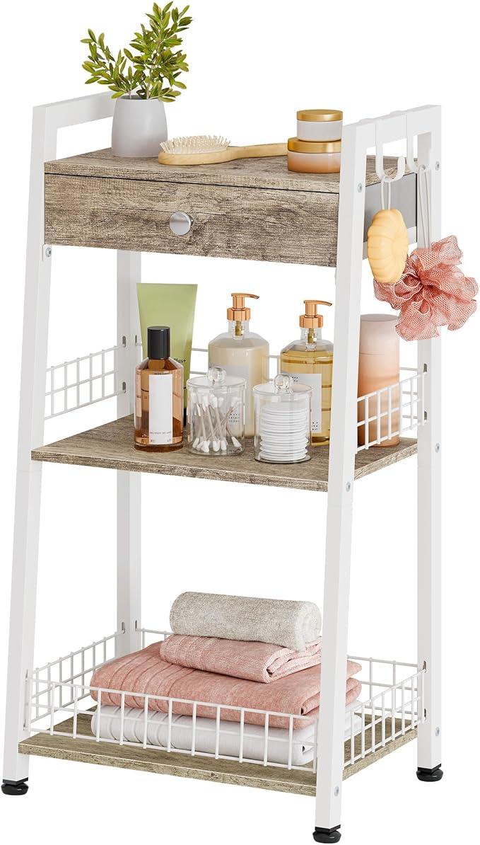 3-Tier Ladder Shelf with Drawer, Bathroom Floor Storage Shelf, Freestanding Tower Shelf Ladder Bookshelf for Living Room,Bedroom -White