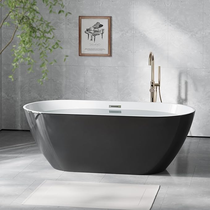 67 in Acrylic Freestanding Bathtub, Contemporary Stand Alone Tub,Glossy Black Soaking Tubs, Oval Bathtub with Chrome Overflow and Drain, CUPC Certified