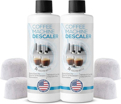 Keurig Compatible Descaling Solution - Descaler Cleaner Concentrate Kit For All 1.0 & 2.0 K-Cup Pod Machines and Espresso Machines - (2 Bottles, 4 Uses Plus 4 Filters)