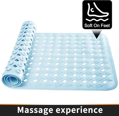 Yimobra Bathtub Mat Non Slip, Super Strong Suction Cups, 27.5"x15.5" Long Shower Mat with Drain Holes, Machine Washable Fast Draining Bath Mats, Bathroom Essentials,Light Blue