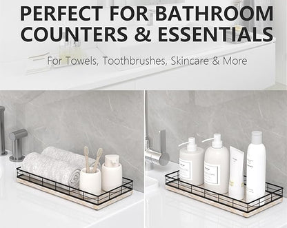 Toilet Paper Basket Organizer – Ash Wood Toilet Tank Tray with Metal Frame, Back of Tank or Top Bathroom Counter Storage – Black & Whitewashed Modern Decor
