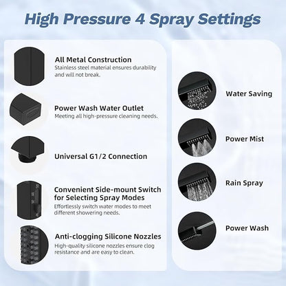 Hibbent 5-spray Filtered Rainfall Shower Head Combo, High Pressure 13'' Showerhead with Stainless Steel 4 Spray Modes Handheld, All Metal 4-way Diverter Arm, Pause Mode, 71'' Hose& Holder, Matte Black