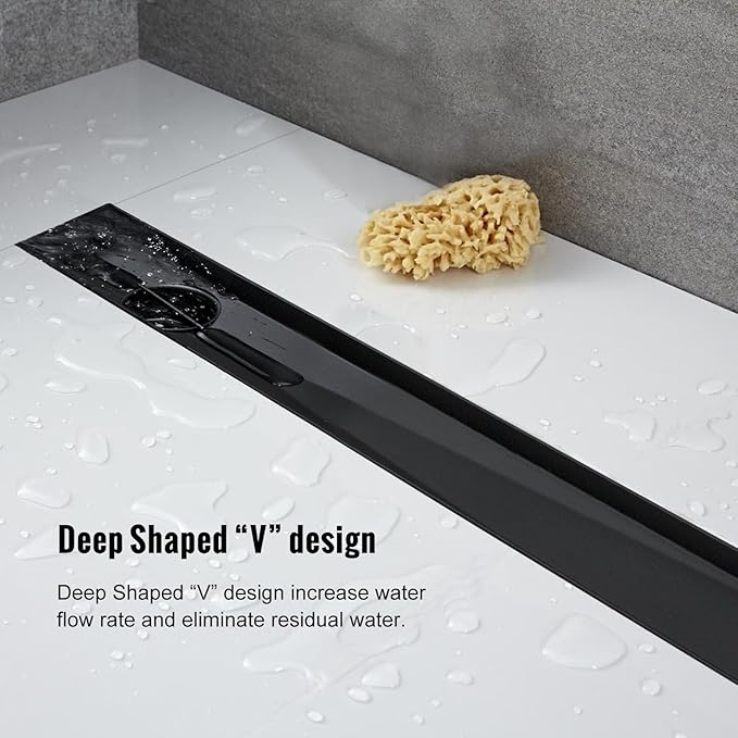 Offset Linear Shower Drain, Matte Black Shower Drain 36 inch with Removable Grate Cover, Brushed 304 Stainless Steel Side Outlet Black Shower Floor Drain with Hair Catcher and Leveling Feet