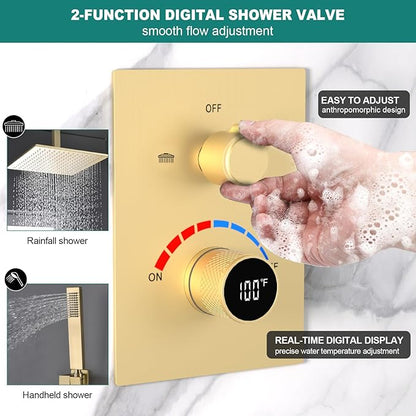 Temperature Display 2 Way Shower Valve Brass Rough-in and Rectangle Trim Kit, Dual Function Digital Shower Mixer Valve, Brushed Gold