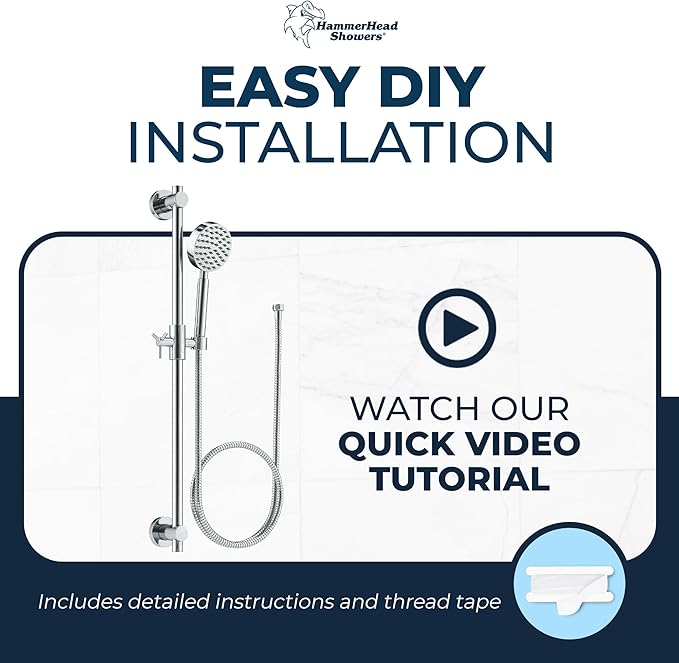 HammerHead Showers® Solid Metal 27.5 Inch Shower Slide Bar Set and Handheld Shower Head with Hose — CHROME — 2.5 GPM High Pressure Spray Wand — Easily Adjust Height & Angle of Handshower