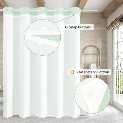 MitoVilla No Hooks Needed Extra Long Shower Curtain Liner Set, Green 86 inch XL Heavyweight Waffle Fabric Cloth Shower Curtains Set with Snap-in Liner for Modern Luxury Hotel & Spa Bathroom Decor