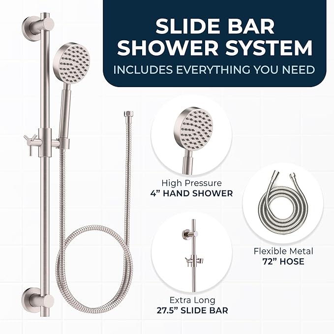 HammerHead Showers® Solid Metal 27.5 Inch Shower Slide Bar Set and Handheld Shower Head with Hose — BRUSHED NICKEL — 2.5 GPM High Pressure Spray Wand — Easily Adjust Height & Angle of Handshower