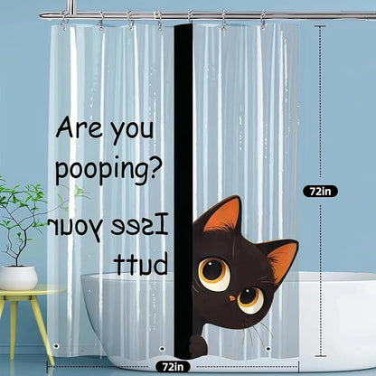 Clear Cute Funny Black Cat Shower Curtain Liner, Are You Pooping Shower Curtain, Fun Anime Cat Shower Curtains for Bathroom, 72x72 Plastic Cool Summer Shower Curtain Set with Weighted Magnets 12 Hooks