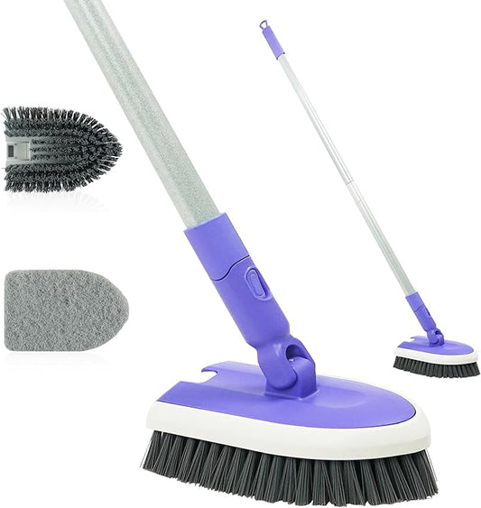 2 in 1 Tile Tub Scrubber Brush with 46.8" Extendable Long Handle, Shower Mop and Tub Cleaning Brush with 2 Different Function Cleaning Heads for Cleaning Bathroom Kitchen Wall Bathtub Floor