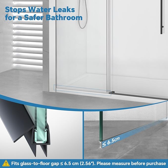 Shower Door Bottom Seal Strip, 2PCS Seal Strip, Clear PVC, 36" Length, Fits 6mm Thick Glass, Prevents Leaks, Easy Installation, No Adhesive Required (Black, 36in for 1/2"(12mm) Door)