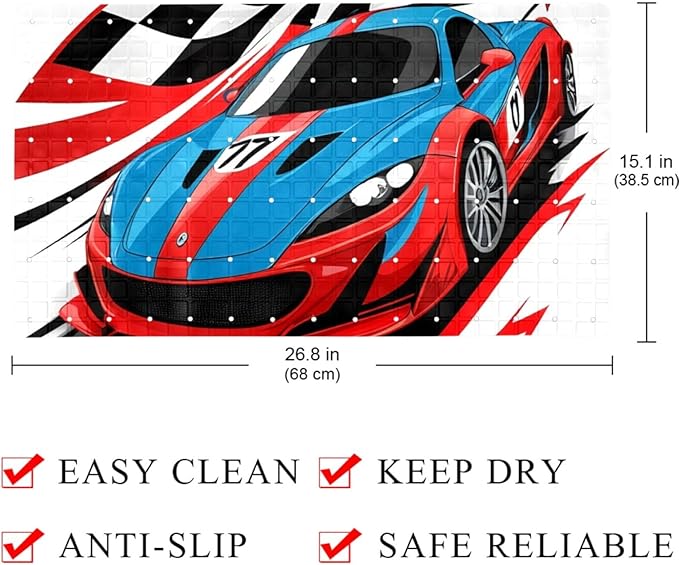 Bath Tub and Shower Mats, Non Slip Bathmat with Drain Holes and Suction Cups for Bathroom Floor, 15.1 x 26.8 Inch (Red and Blue Race Car with Checkered Flag)