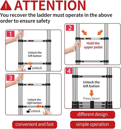 Telescoping Ladder,with Stable Hook and stabilizer barand,Extension Ladder, Heavy Duty 330lbs Max Capacity, Multi-Purpose Collapsible Ladder for RV or Outdoor Work (Aluminum, 8.5FT/2.6M(A-Button))