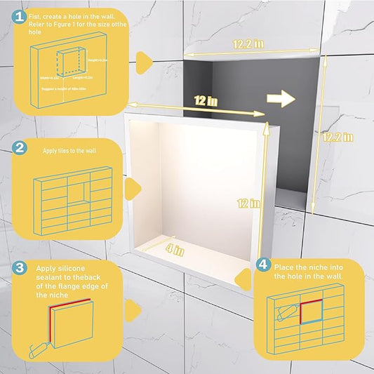 Shower Niche 12"x12" ，Lighted Niche for Shower Wall Stainless Steel Waterproof Shelf，Shower Lighting with Bathroom Storage ，Matte White （ 12"x 12"）