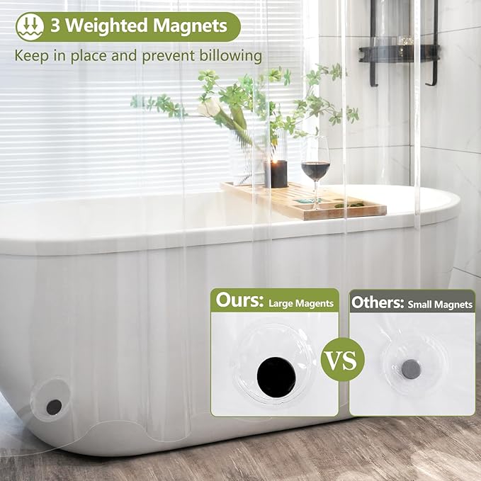 Clear Stall Shower Curtain Liner with 3 Large Magnets, 54 x 72 Inch Bpa-Free PEVA 8G Plastic Shower Liner Weighted, Waterproof Transparent Bathroom Shower Curtain Inner Liner