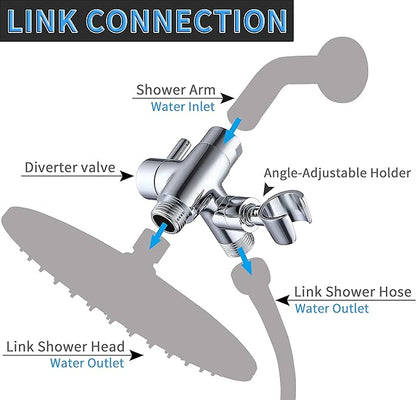 G-Promise Solid Metal Shower Arm Diverter with Holder for Hand Held Showerhead and Fixed Spray Head, G 1/2 3-Way Bathroom Universal Diverter System Replacement Part (Polished Chrome)