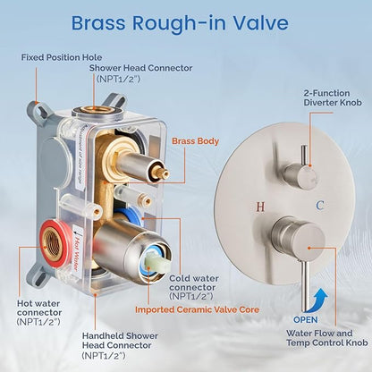 Airuida Shower Fixtures 2 Functions Shower Faucet Set Wall Mounted for Bathroom High Pressure Brass Handheld Shower with Rough-in Valve Round Rainfall 8 Inch Shower Head Brushed Nickel