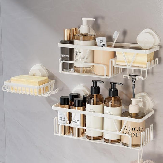 KEGII Shower Caddy Suction Cup – 3 Pack Suction Bathroom Organizer Shelf with Soap Holder & Hooks, Rustproof Removable Shower Organizer for Shampoo, Metal Bathroom Storage Rack, Cream White