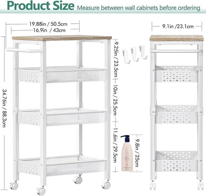Utility Slim Storage Cart with Wheels, 4 Tier Small Rolling Cart with Wood Top, Metal Kitchen Bathroom Laundry Room Organization Trolley with Handle for Narrow Space - White