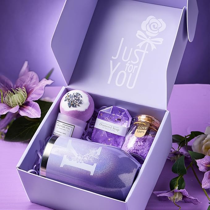 Gifts for Women, Mom, Wife, Girlfriend, Sister, Friends, Her - Unique Birthday, Christmas, Valentine's Day, Mothers Day Gifts - Initial Lavender Spa Gift Basket Set (K)