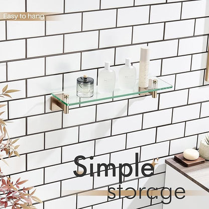 KOKOSIRI Wall Shelves Bathroom Hardware Glass Floating Shelf 20-Inch for Bedroom, Living Room, Kitchen, Hanging Rack Champagne Bronze B1105CPG-L20