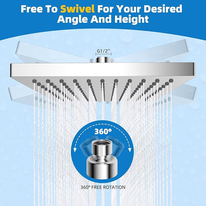 Hibbent Thickness Metal Rain Shower Head, 8 Inch High Pressure Rainfall Shower Head, Square Bathroom Waterfall Shower Heads, High Flow Fixed Showerheads with Adjustable Brass Ball Joint, Chrome