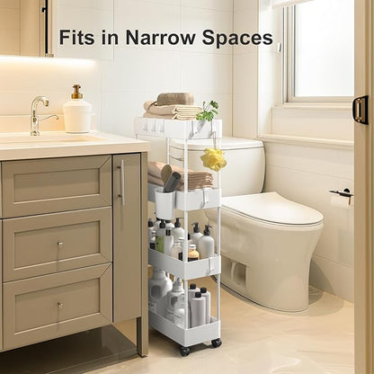Pipishell Slim Storage Cart with Wheels, 4 Tier Bathroom Storage Organizer Rolling Utility Cart for Bathroom Kitchen Laundry Room Office Narrow Place (White)