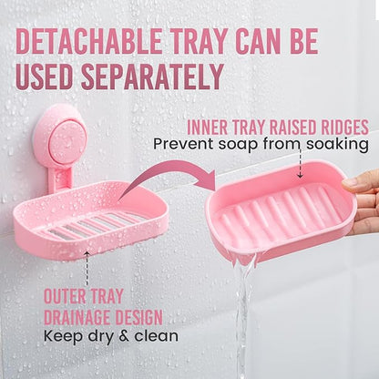TAILI Soap Dish Bar Holder Suction Cup,Soap Saver with Powerful Vacuum Suction,Sponge Holder for Shower,Bathroom,Tub and Kitchen Sink, Universal Shower Accessories,Drill-Free,Removable,Pink