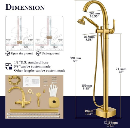 Free Standing Tub Faucet, Hanallx Luxury Brushed Gold Freestanding Bathtub Faucet with Sprayer, Premium Brass High Flow Rate Floor Mount Tub Filler Swivel Spout, Roman Tub Faucet Set（HM88011-BG）