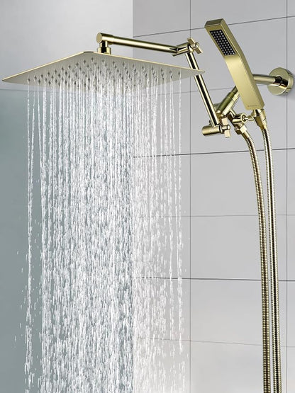 G-Promise All Metal 10 Inches Rainfall Shower Head with Handheld Spray Combo, 3 Settings Diverter, Adjustable Extension Arm with Lock Joints, 71 Inches Stainless Steel Hose (Polished Brass)