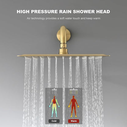 Shower Faucet Set - 12 inches Rain Shower System with 6 Function Handheld Shower Head Rough in Pressure Balance Valve Kit - Stainless Steel Bathroom Shower Kit Complete Brushed Gold