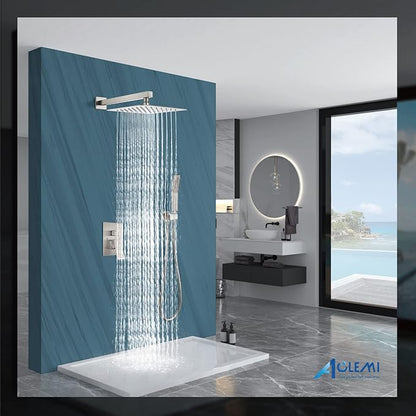 Aolemi Shower Faucet Set Rain Shower System with Handheld Spray Bathroom Shower Combo Rough-in Valve and Shower Trim Kit Included Brushed Nickel 12 Inch Wall Mount Shower Head