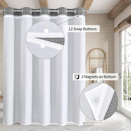 MitoVilla Black Waffle Long Shower Curtain Liner Set 72 x 80, No Hooks Needed 80 inch Long Heavyweight Fabric Shower Curtain Set with Snap-in Liner for Hotel Grade Spa-Like Bathroom Decor
