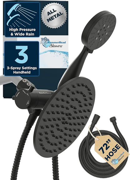 HammerHead Showers Dual Shower Head Combo, 8-Inch Rainfall & 3-Flow Handheld, Matte Black, 2.5 GPM