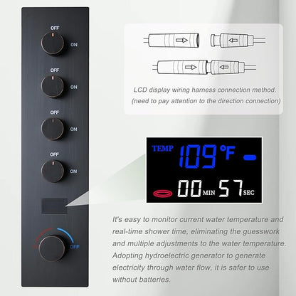 Temperature Display Oil Rubbed Bronze Shower System, Push Button Shower Faucet with Handheld Spray, Ceiling Mount 12 Inch and 8 Inch Wall Mount Shower Head, 6 PCS Body Jet
