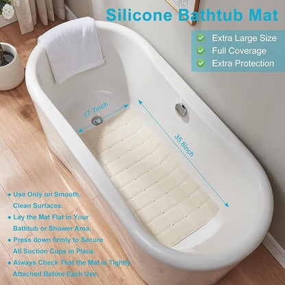 Non-Slip Bath Mat for Tub & Shower：Silicone Foldable Bathtub Mat with Strong Suction Cups, Quick Drain Holes, Machine Washable Extra Large Bathroom Mats 35.8" x 17.7", Beige