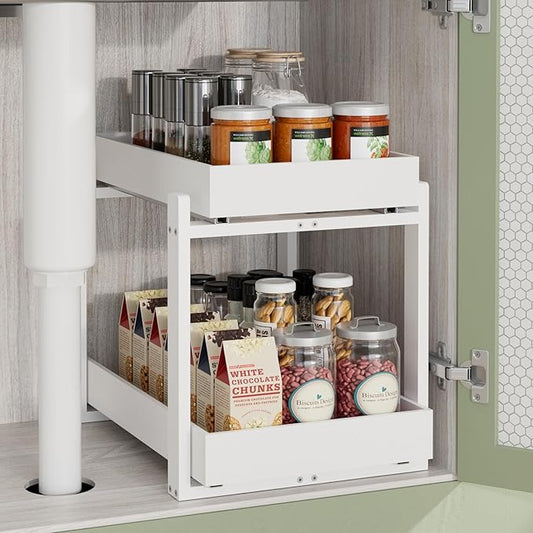 2 Pack Under Sink Organizer, Bamboo Wooden 2-Tier Pull-Out Storage with Sliding Drawers for Kitchen and Bathroom Cabinets, Easy Installation (White, 1 pack)
