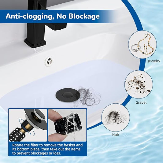 Hibbent 2 Pack 3 in 1 Bathroom Sink Drain Strainer, Universal Pop Up Stopper with Removable Stainless Steel Filter Basket Hair Catcher, Sink Plug for 1.1''~2.36'' Basin, Brass Bullet Core, Matte Black