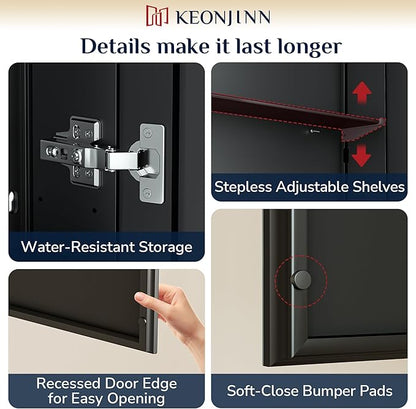 Keonjinn 24 x 32 Inch Medicine Cabinet for Bathroom with Mirror, Assembly Required, Black Aluminum Structure, Lightweight, Recessed or Wall Mount, Freely Adjustable Shelves, Tempered Glass