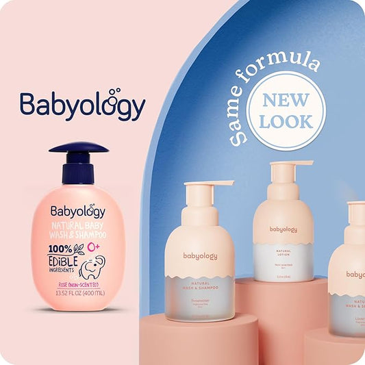 Babyology - 100% Edible Ingredients - All Natural Baby Wash and Shampoo Lavender + Organic Baby Lotion SET - 12 FL OZ Good for Sensitive Skin or Eczema - Non Toxic - Fragrance Free (Set of 2)